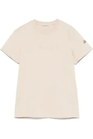Moncler Koszulki, Kobieta, Beżowy, L, Haftowany Jasny Beżowy T-shirt z okrągłym dekoltem