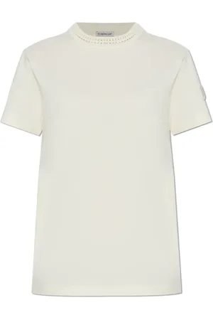 Moncler Koszulki, Kobieta, Beżowy, S, T-shirt z dekoracyjnym dekoltem