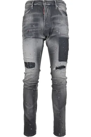 Dsquared2 Jeansy, Mężczyzna, Szary, M, Męskie Jeansyy z Guzikami i Skórzaną Naszywką