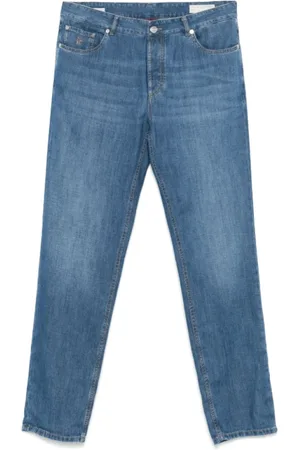 Brunello Cucinelli Jeansy, Mężczyzna, Niebieski, L, Niebieskie Jeansyy z Haftem Logo