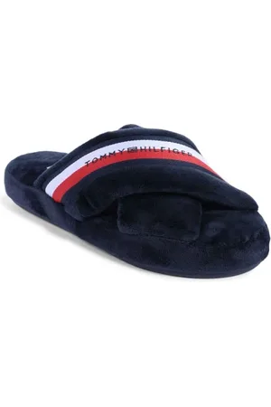 Tommy Hilfiger Buty, Kobieta, Niebieski, 39 1/2 EU, Niebieskie Kapcie z Aksamitu i Krzyżowym Paskiem