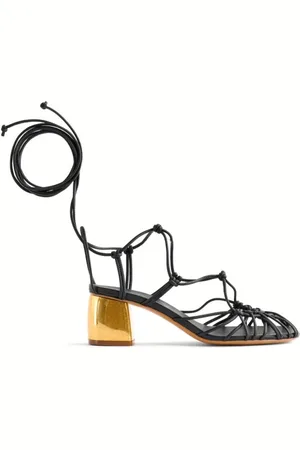 FORTE FORTE Buty, Kobieta, Czarny, 38 EU, Czarne skórzane sandały z paskiem wokół kostki i złotym obcasem