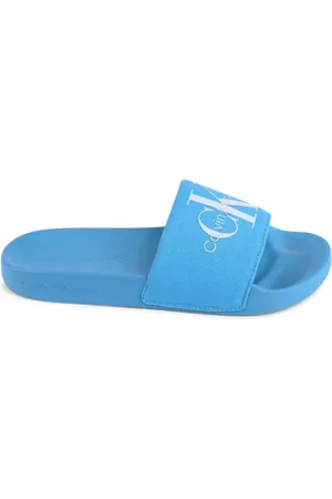 Calvin Klein Buty, Kobieta, Niebieski, 38 EU, Niebieskie Płócienne Logo Slides Kobiety