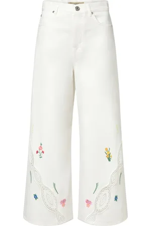 Max Mara Spodnie, Kobieta, Biały, 2XS, Szerokie spodnie z wysokim stanem i haftem