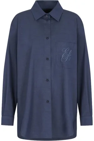 Emporio Armani Bluzki, Kobieta, Niebieski, S, Klasyczna Koszula z Guzikami i Haftem Logo