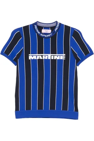 MARTINE ROSE Koszulki, Mężczyzna, Niebieski, XL, T-shirt z dekoltem w serek i wzorem dżakardowym