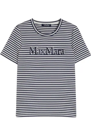 Max Mara Koszulki, Kobieta, Niebieski, XS, Bawełna, Haftowany T-shirt Nancy Ecru/Navy