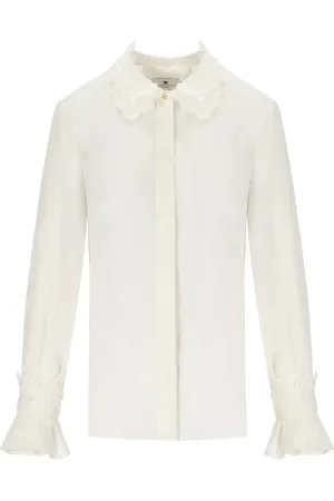 Elisabetta Franchi Bluzki, Kobieta, Beżowy, L, Ivory Georgette Koszula z Haftem Kwiatowym