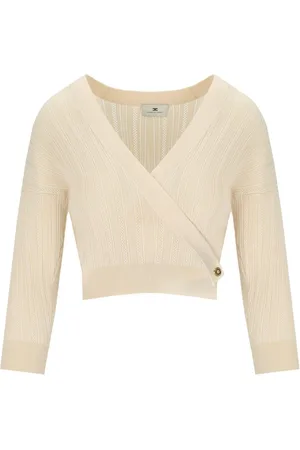 Elisabetta Franchi Swetry, Kobieta, Beżowy, M, Masło Dzianinowy Top z Dekoltem w Serek