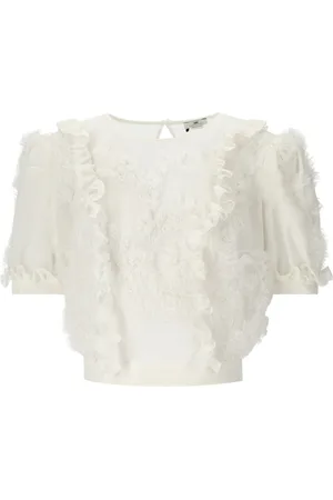 Elisabetta Franchi Bluzki, Kobieta, Beżowy, L, Tiul, Ivory Ruffled Top z Kwiatowymi Koralikami