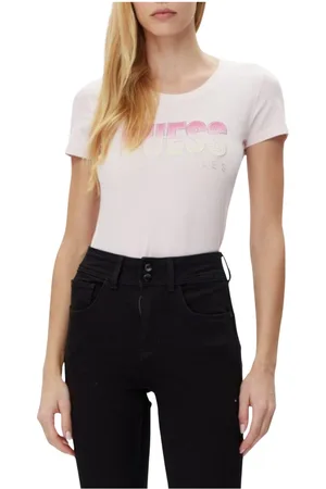 Guess Koszulki, Kobieta, Różowy, XL, Glitter Degrade Logo Tee