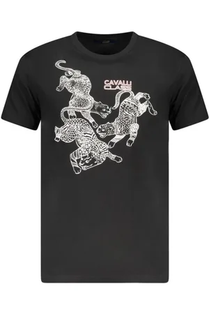 Roberto Cavalli Koszulki, Mężczyzna, Czarny, XL, Czarna Bawełniana Koszulka z Okrągłym Dekoltem