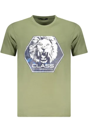 Roberto Cavalli Koszulki, Mężczyzna, Zielony, 2XL, Len, T-shirt z efektownym nadrukiem