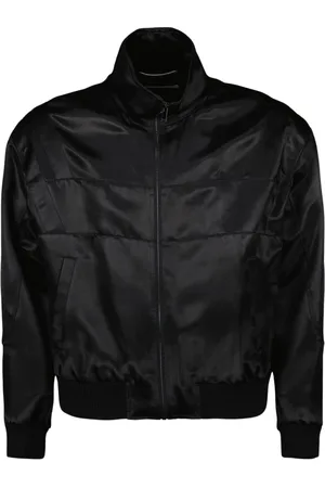 Saint Laurent Kurtki, Mężczyzna, Czarny, XL, Satinowa kurtka bomberka z haftowanym logo