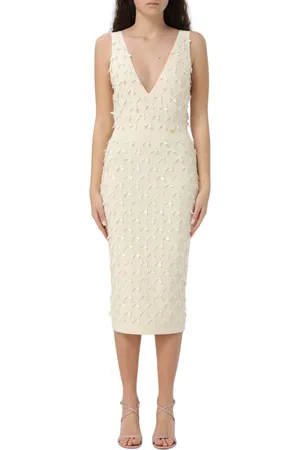 Elisabetta Franchi Sukienki, Kobieta, Żółty, L, Elegancka Brzoskwiniowa Sukienka z Rozkloszowanym Dołem