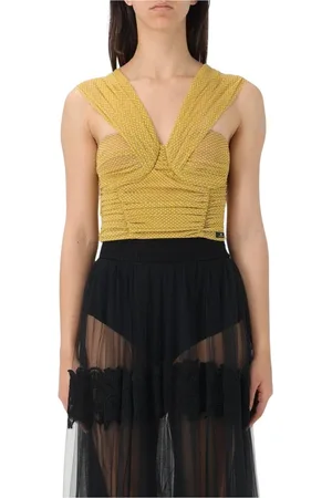 Elisabetta Franchi Koszulki, Kobieta, Żółty, S, Musztardowy Top w Kropki z Teksturą