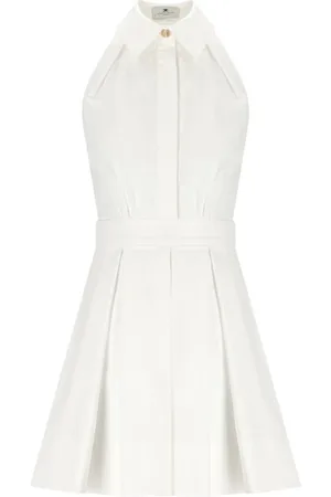Elisabetta Franchi Sukienki, Kobieta, Beżowy, M, Bawełna, Ivory Mini Sukienka z Plisowaną Spódnicą