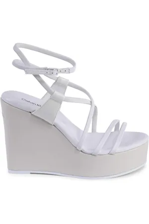 Calvin Klein Buty, Kobieta, Biały, 40 EU, Białe Skórzane Sandały na Koturnie