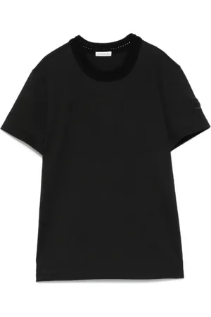Moncler Koszulki, Kobieta, Czarny, XS, Czarna koszulka z bawełny z haftem szydełkowym