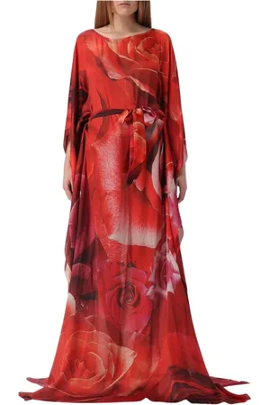 Roberto Cavalli Sukienki, Kobieta, Czerwony, S, Czerwona Sukienka Kaftan z Jedwabiu z Wzorem Róży