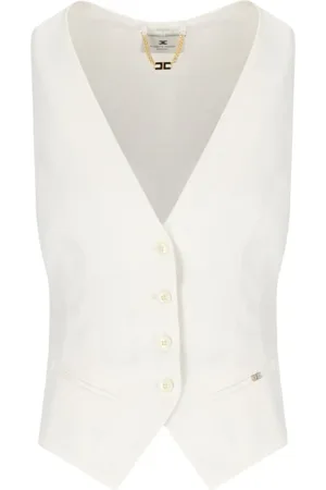 Elisabetta Franchi Kurtki, Kobieta, Beżowy, L, Poliester, Ivory V-Neck Linen Vest