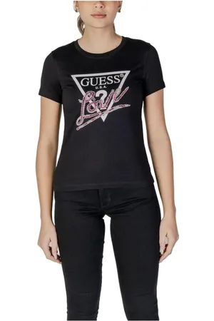 Guess Koszulki, Kobieta, Czarny, L, Czarna Koszulka z Logo Rhinestone