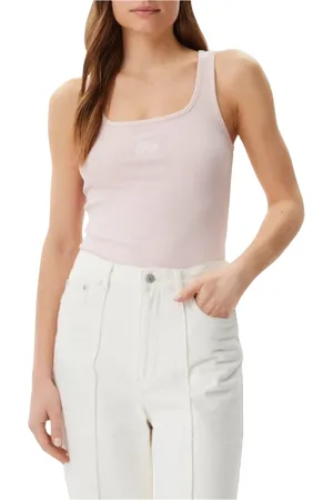 Guess Koszulki, Kobieta, Różowy, L, Obcisły top z żebrowanym haftem