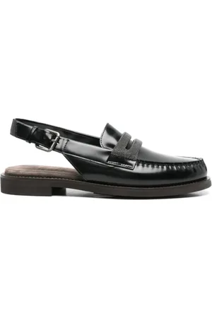 Brunello Cucinelli Buty, Kobieta, Czarny, 38 1/2 EU, Czarne skórzane loafersy z paskiem i łańcuchem