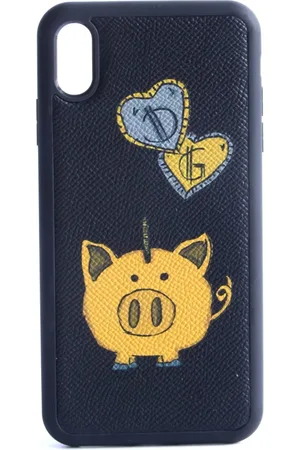 Dolce & Gabbana Akcesoria, Mężczyzna, Czarny, ONE SIZE, Etui na i Phone z nadrukiem świnki skarbonki
