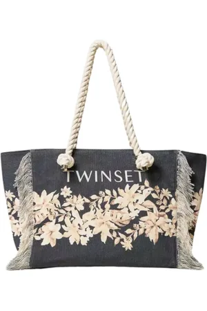 Twin-Set Torebki, Kobieta, Czarny, ONE SIZE, Bawełna, Torba Shopper z Kanwy z Poszarpanymi Krawędziami