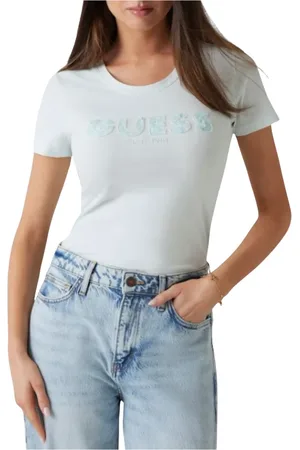 Guess Koszulki, Kobieta, Zielony, XS, Bawełna, Cekinowy Logo Bawełniany T-shirt