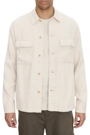 Vince Kurtki, Mężczyzna, Beżowy, M, Lniano-Bawełniana Herringbone Overshirt Kurtka