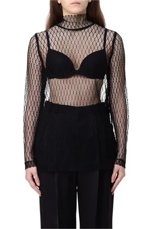 Dolce & Gabbana Koszulki, Kobieta, Czarny, M, Czarny Koronkowy Top z Wysokim Kołnierzem