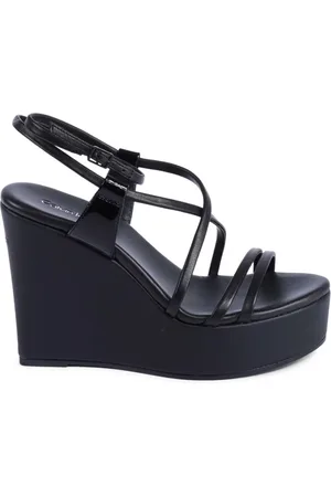 Calvin Klein Buty, Kobieta, Czarny, 40 EU, Czarne Skórzane Sandały na Koturnie