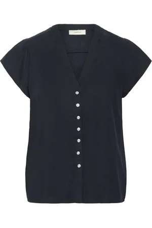 INWEAR Bluzki, Kobieta, Niebieski, XL, Len, Granatowy top z dekoltem w serek i guzikami