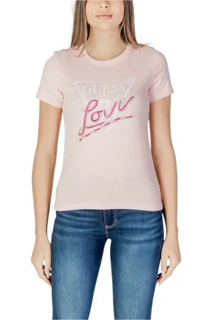Guess Koszulki, Kobieta, Różowy, M, Stylowy T-shirt z nadrukiem z bawełny