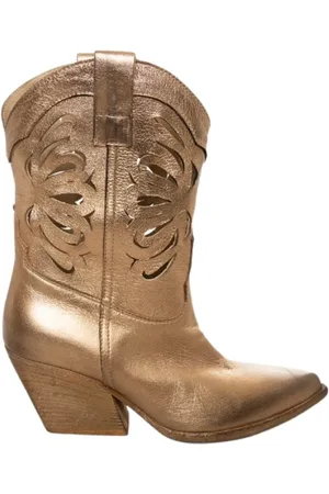 Elena Iachi Buty, Kobieta, Żółty, 40 EU, Len, Złote Perforowane Texano Skórzane Buty