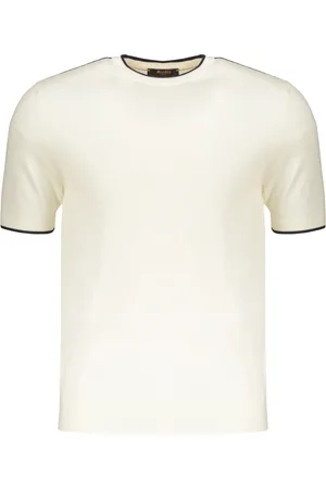 MOORER Koszulki, Mężczyzna, Beżowy, XL, Sweter T-shirt z wełny z kontrastującymi krawędziami