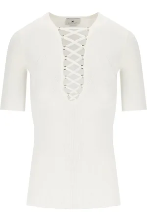 Elisabetta Franchi Koszulki, Kobieta, Beżowy, S, Ivory Sweter Koronkowy Top