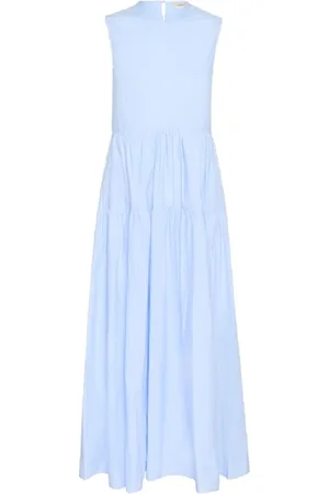 INWEAR Sukienki, Kobieta, Niebieski, L, Bawełna, Prosta Długa Sukienka z Falbaną