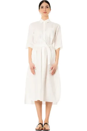 Maison Margiela Sukienki, Kobieta, Biały, L, Sukienka lniana - Biały, Kołnierz, Kieszenie