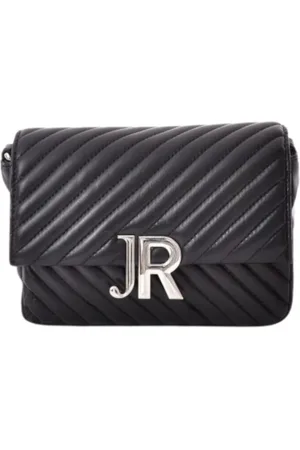 John Richmond Torebki, Kobieta, Czarny, ONE SIZE, Skóra, Czarna skórzana torba na ramię z srebrnymi inicjałami logo