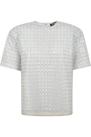 ROTATE Koszulki, Kobieta, Beżowy, S, Oversized Crewneck T-shirt z Zapięciem na Zamek i Haftem Perłowym