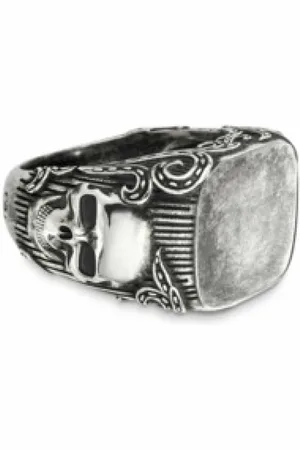 CAÏ Akcesoria, Mężczyzna, Szary, 68 MM, Len, Czaszka Rockabilly Pierścień Srebro Oksydowane