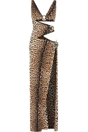 Roberto Cavalli Sukienki, Kobieta, brązowy, S, Sukienka Maxi z Wzorem Leoparda i Wycięciami