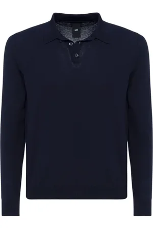 add Swetry, Mężczyzna, Niebieski, 3XL, Polo Z Długim Rękawem Z Lekkiej Dzianiny