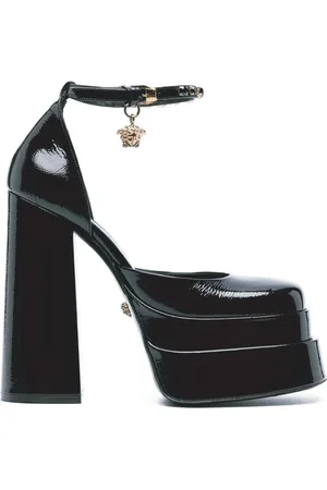 VERSACE Buty, Kobieta, Czarny, 36 EU, Czarne Skórzane Sandały na Platformie