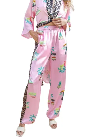 Crās Spodnie, Kobieta, Różowy, XL, Poliester, Spodnie w stylu kimono z nadrukiem Hawaii