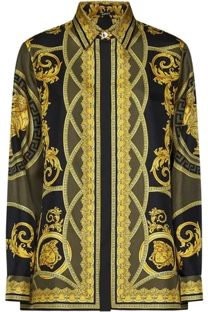 VERSACE Bluzki, Kobieta, Wielobarwność, S, Czarna Jedwabna Koszula z Barokowym Wzorem