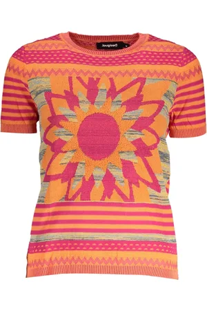 Desigual Swetry, Kobieta, Pomarańczowy, 2XL, Pomarańczowy Damski Top Krótki Rękaw Okrągły Dekolt